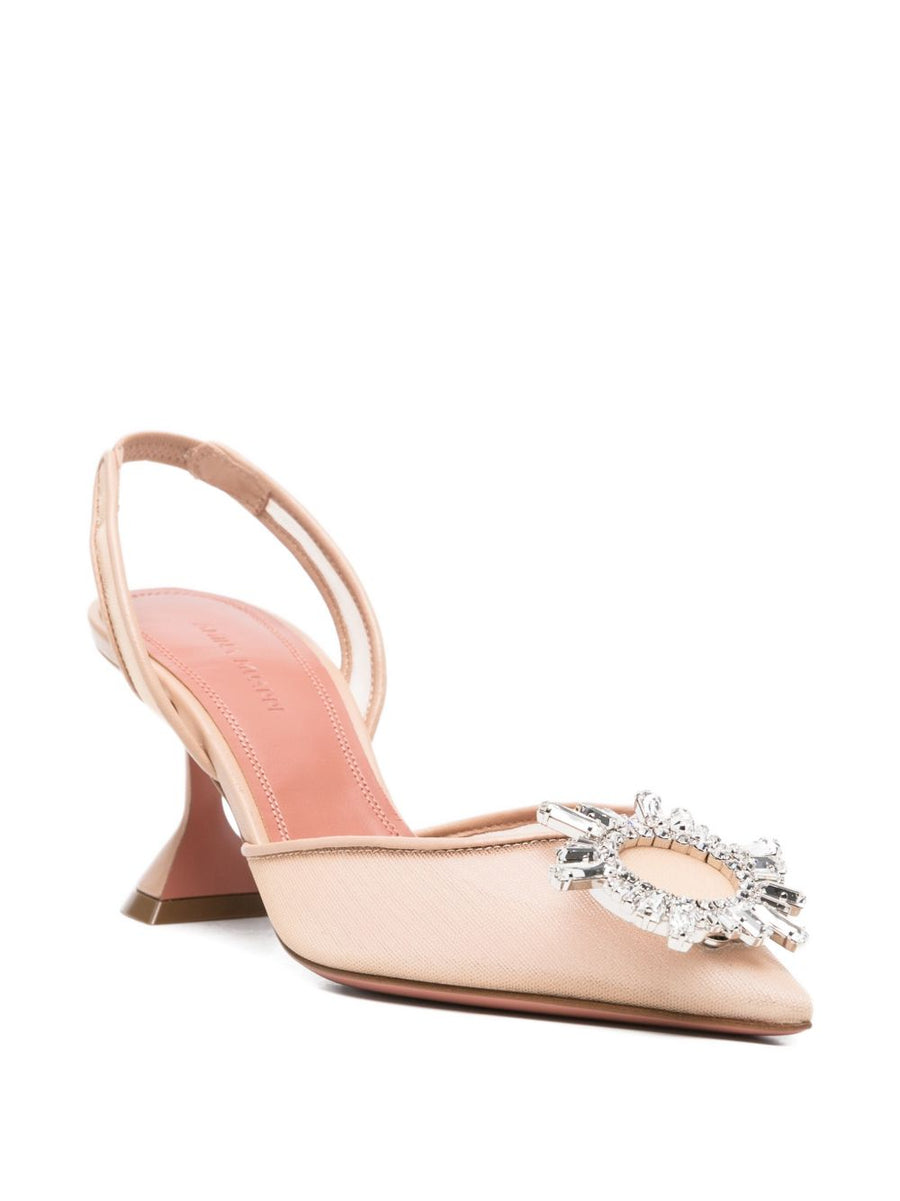 Begum Slingbacks Amina Muaddi Luxurious Beige Embellished Pointed Toe 7cm Heel For Evening Wear Women
