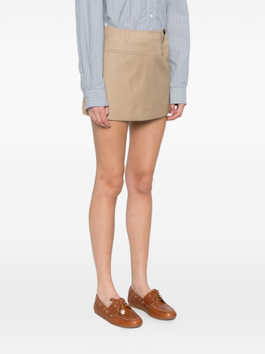 Dunst Beige Panelled Mini Skirt For Women With Belt Loops And Button Closure Day To Night Versatile