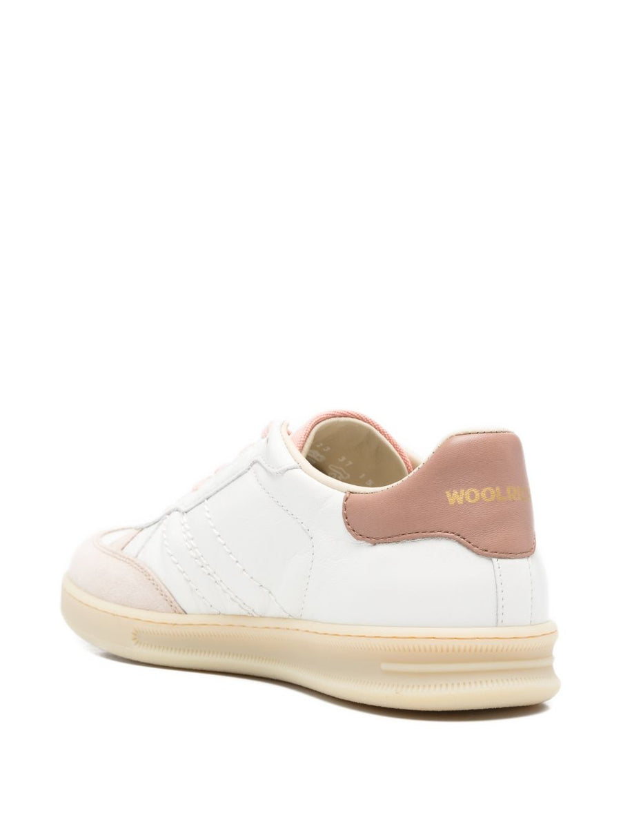 Woolrich Double U Leather Sneakers For Women Premium Calf Leather With Pink Accents