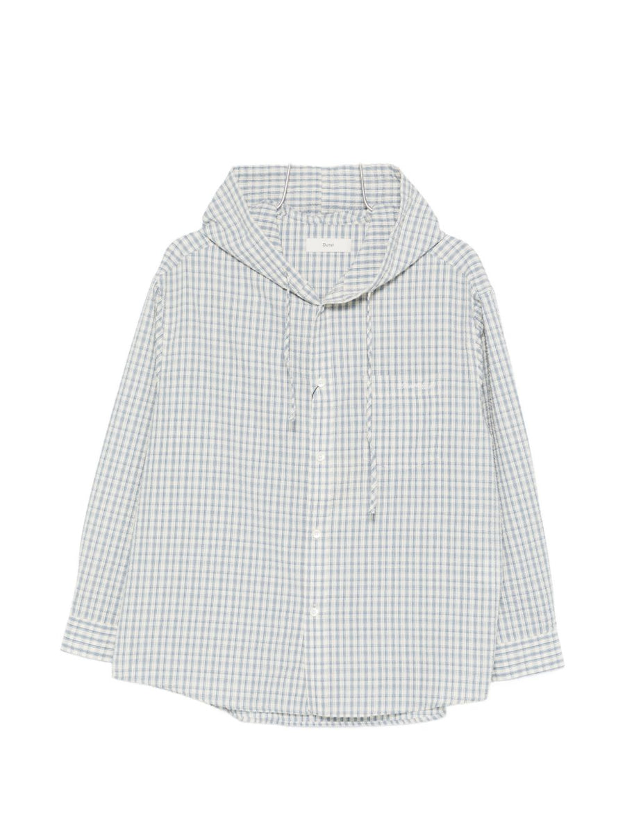 Dunst Hooded Shirt Women Versatile Blue White Checked Cotton Polyester Blend Drawstring Hood Button Closure