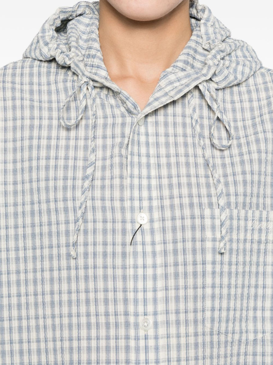 Dunst Hooded Shirt Women Versatile Blue White Checked Cotton Polyester Blend Drawstring Hood Button Closure