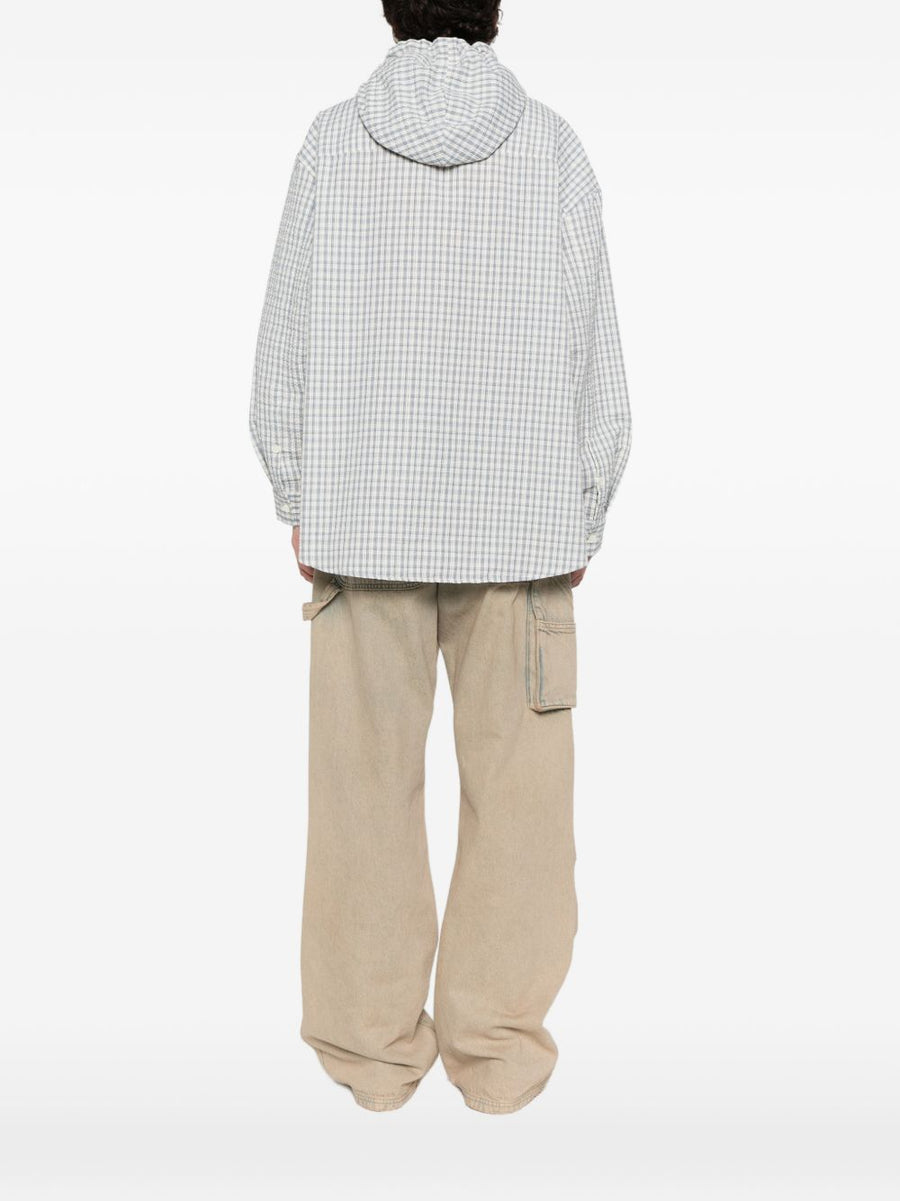 Dunst Hooded Shirt Women Versatile Blue White Checked Cotton Polyester Blend Drawstring Hood Button Closure