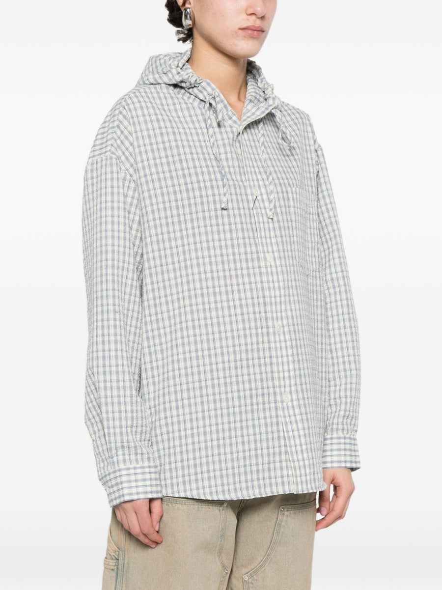 Dunst Hooded Shirt Women Versatile Blue White Checked Cotton Polyester Blend Drawstring Hood Button Closure