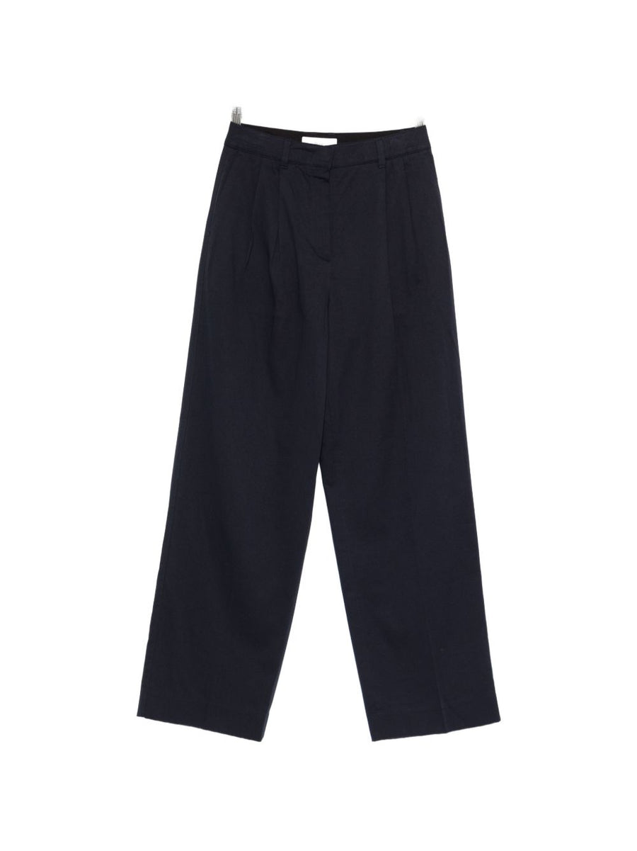 Dunst Navy Cotton Blend Chino Trousers For Women, Structured Tailored Fit, Office Smart Casual Wardrobe Essential
