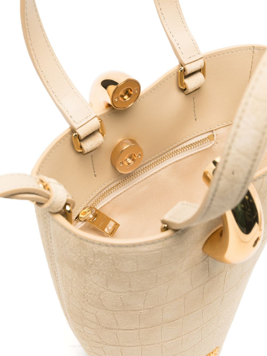Jacquemus Le Petit Bambola Bucket Bag Beige Crocodile Calf Leather, Top Handle And Detachable Strap For Women