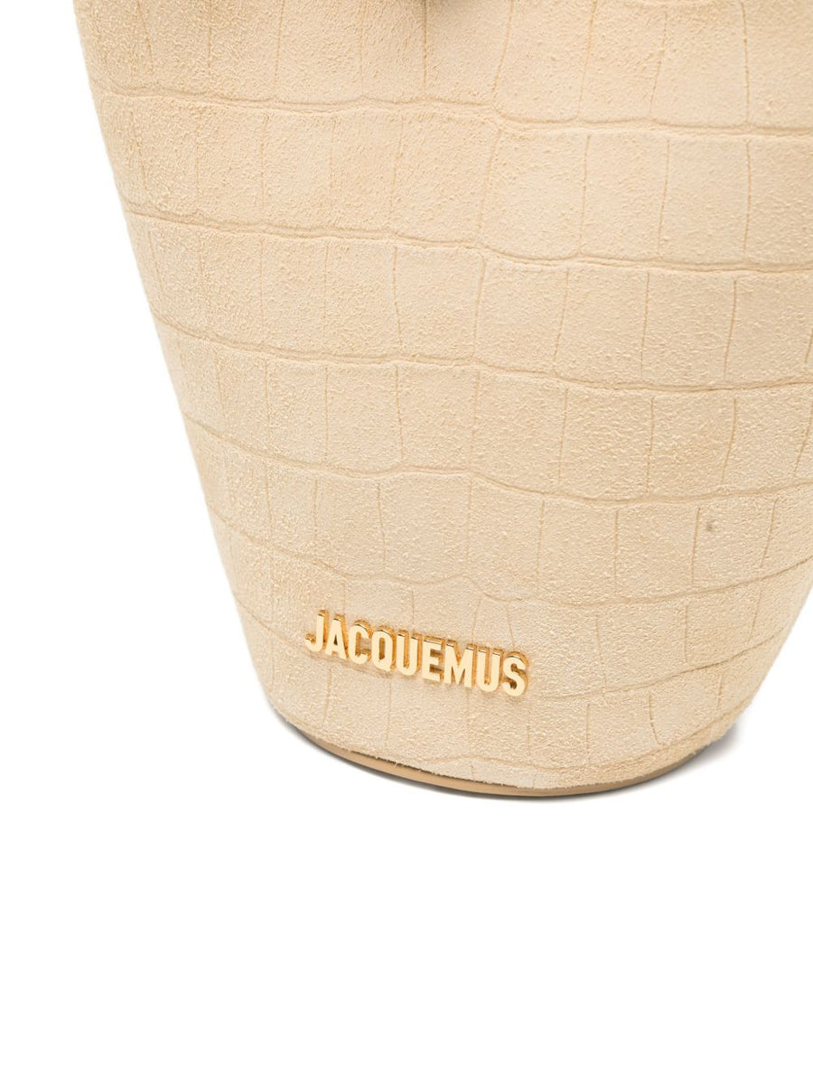 Jacquemus Le Petit Bambola Bucket Bag Beige Crocodile Calf Leather, Top Handle And Detachable Strap For Women
