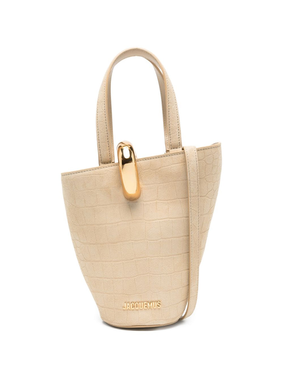 Jacquemus Le Petit Bambola Bucket Bag Beige Crocodile Calf Leather, Top Handle And Detachable Strap For Women