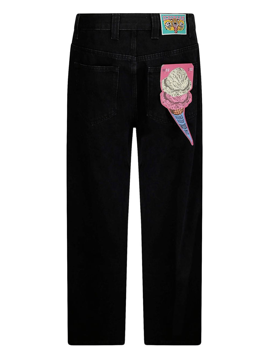 Icecream Running Dog Denim Jeans for Men 100 Percent Cotton Everyday Casualwear with Black Logo Patches