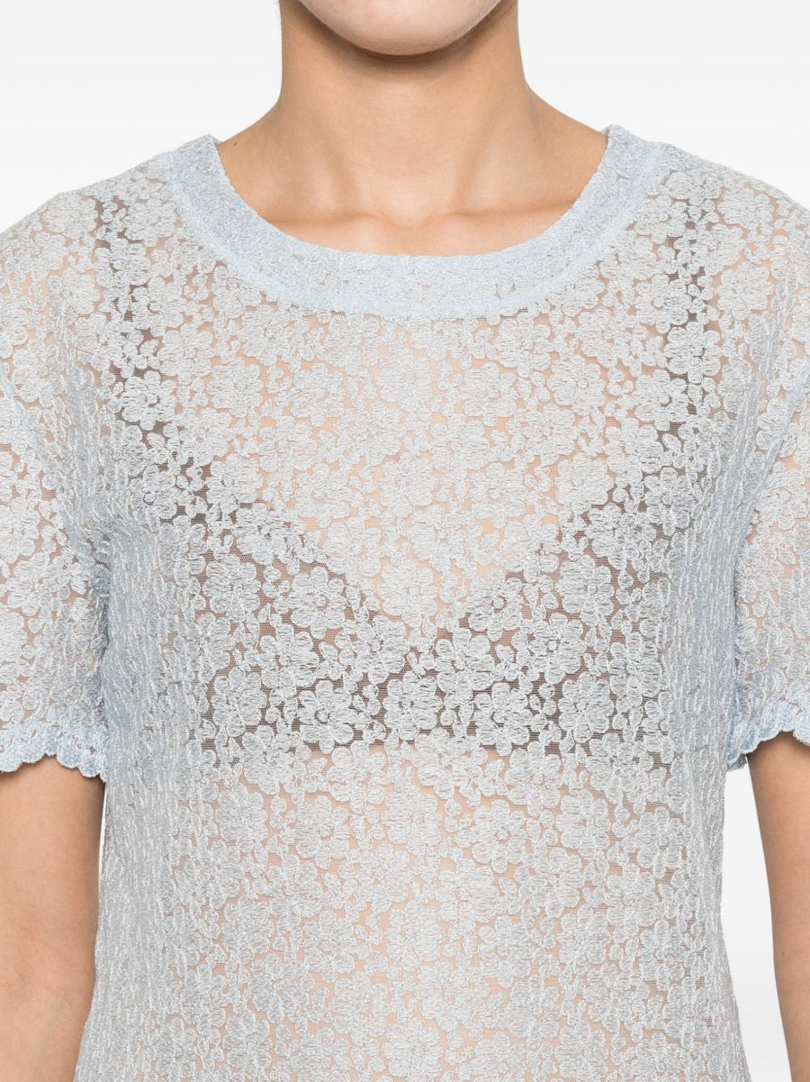 Ermanno Scervino Embroidered T Shirt With Blue Lace Detail And Scalloped Hem For Women