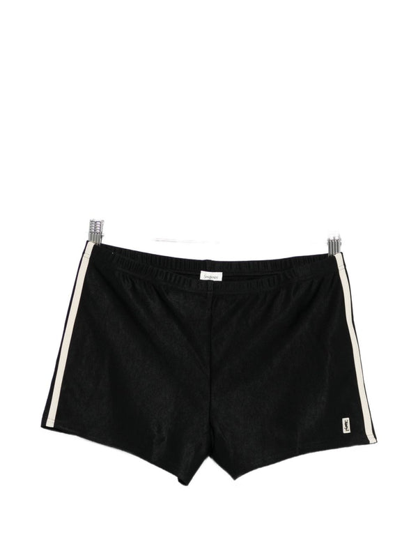 Saint Laurent Swim Shorts for Men Black Stripe Logo Patch Premium Polyester Beachwear
