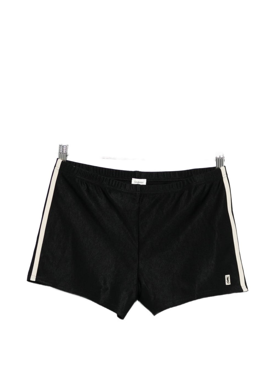 Saint Laurent Swim Shorts for Men Black Stripe Logo Patch Premium Polyester Beachwear