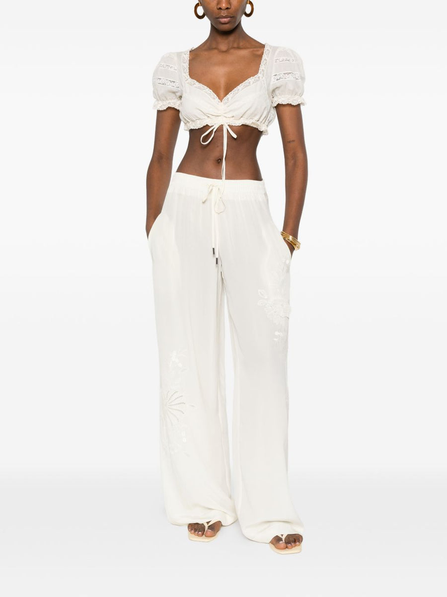 Ermanno Scervino Silk Pajama Trousers For Women Floral Embroidery Drawstring Waist Wide Leg Couture Loungewear