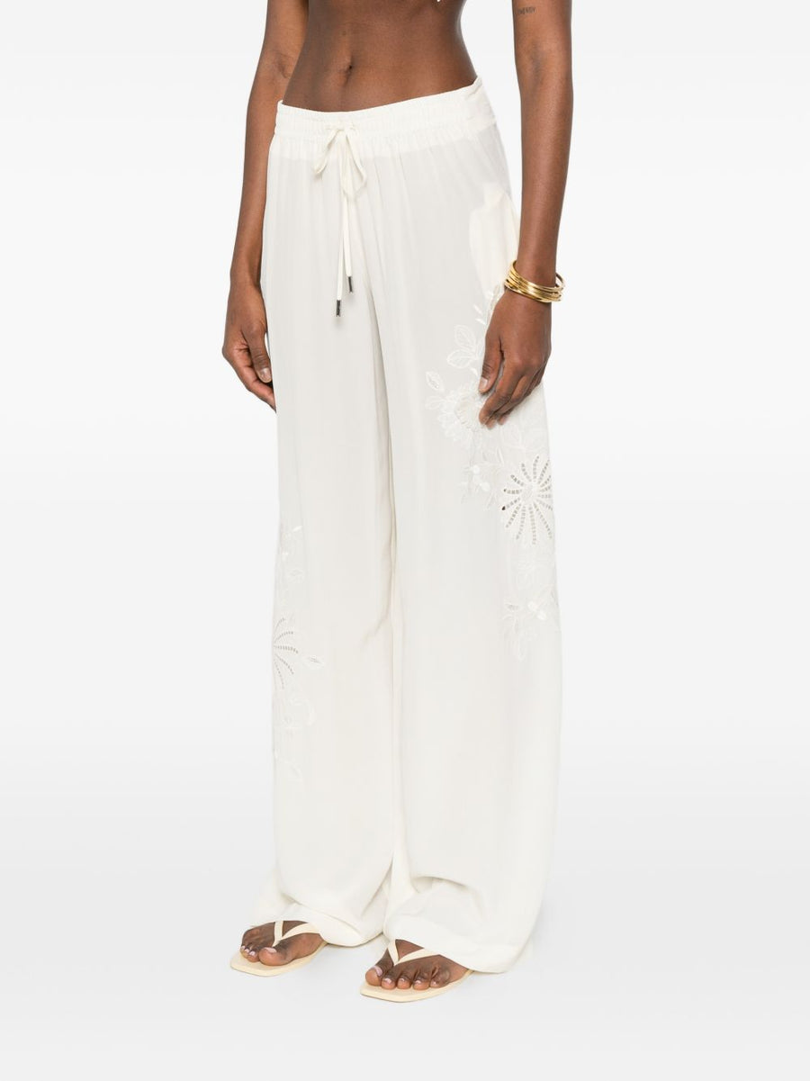 Ermanno Scervino Silk Pajama Trousers For Women Floral Embroidery Drawstring Waist Wide Leg Couture Loungewear