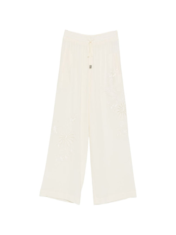 Ermanno Scervino Silk Pajama Trousers For Women Floral Embroidery Drawstring Waist Wide Leg Couture Loungewear