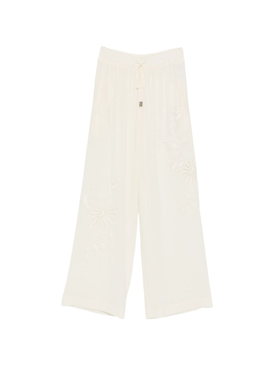 Ermanno Scervino Silk Pajama Trousers For Women Floral Embroidery Drawstring Waist Wide Leg Couture Loungewear