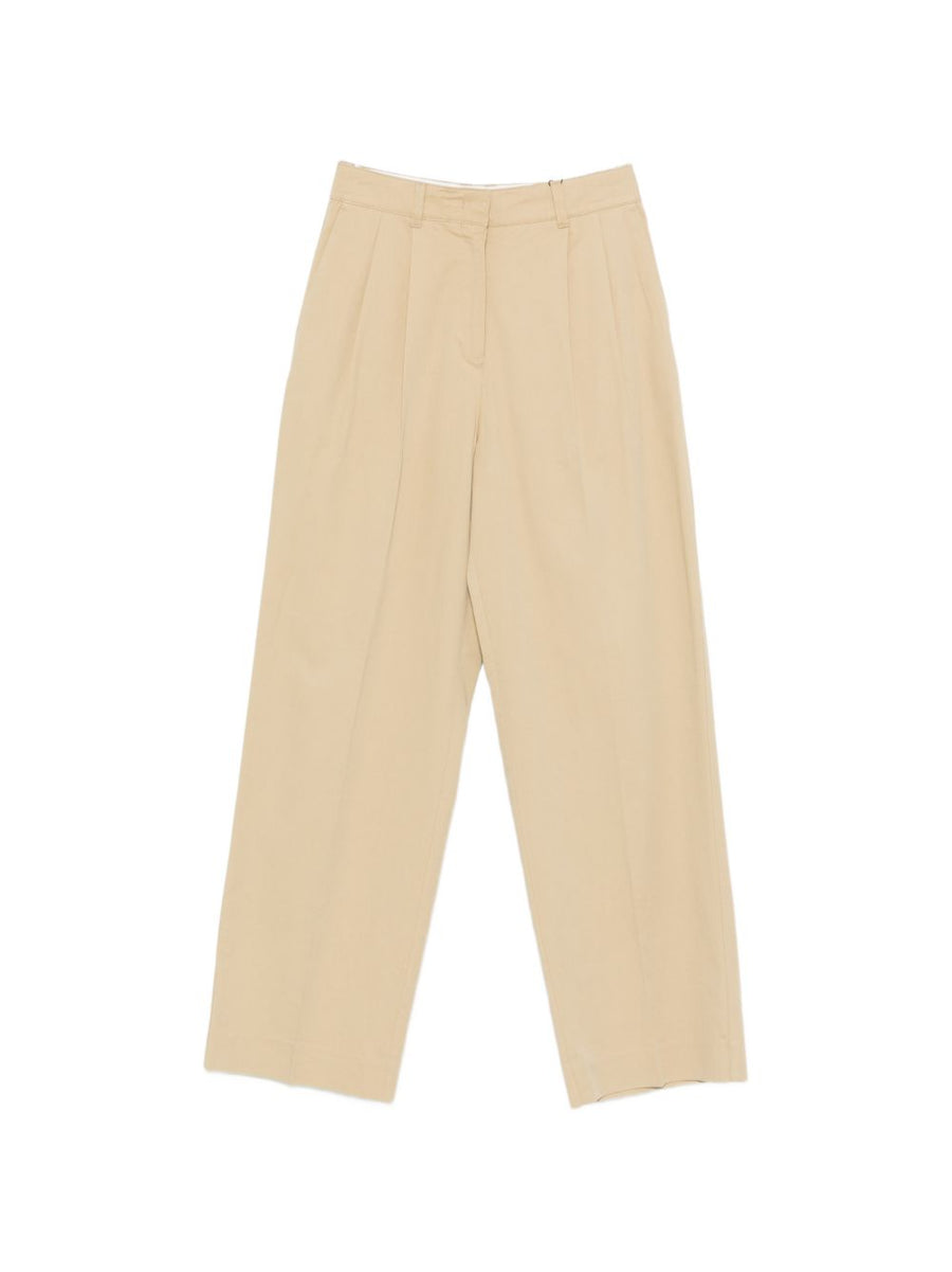 Dunst Beige Cotton Nylon Chino Trousers For Women With Pleated Front And Side Pockets