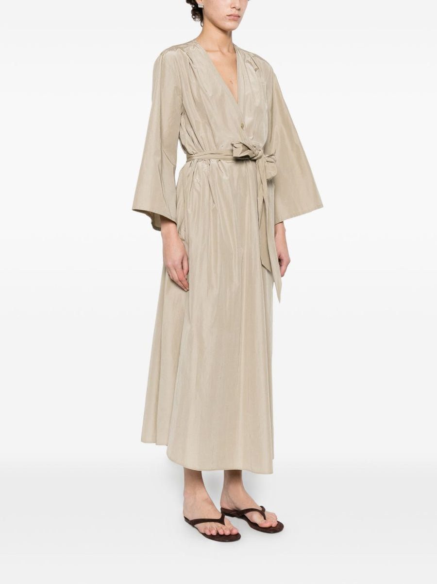 Forte Forte Cotton Blend Midi Dress With V Neck Front Button Placket And Belted Waist For Women Beige Elegant