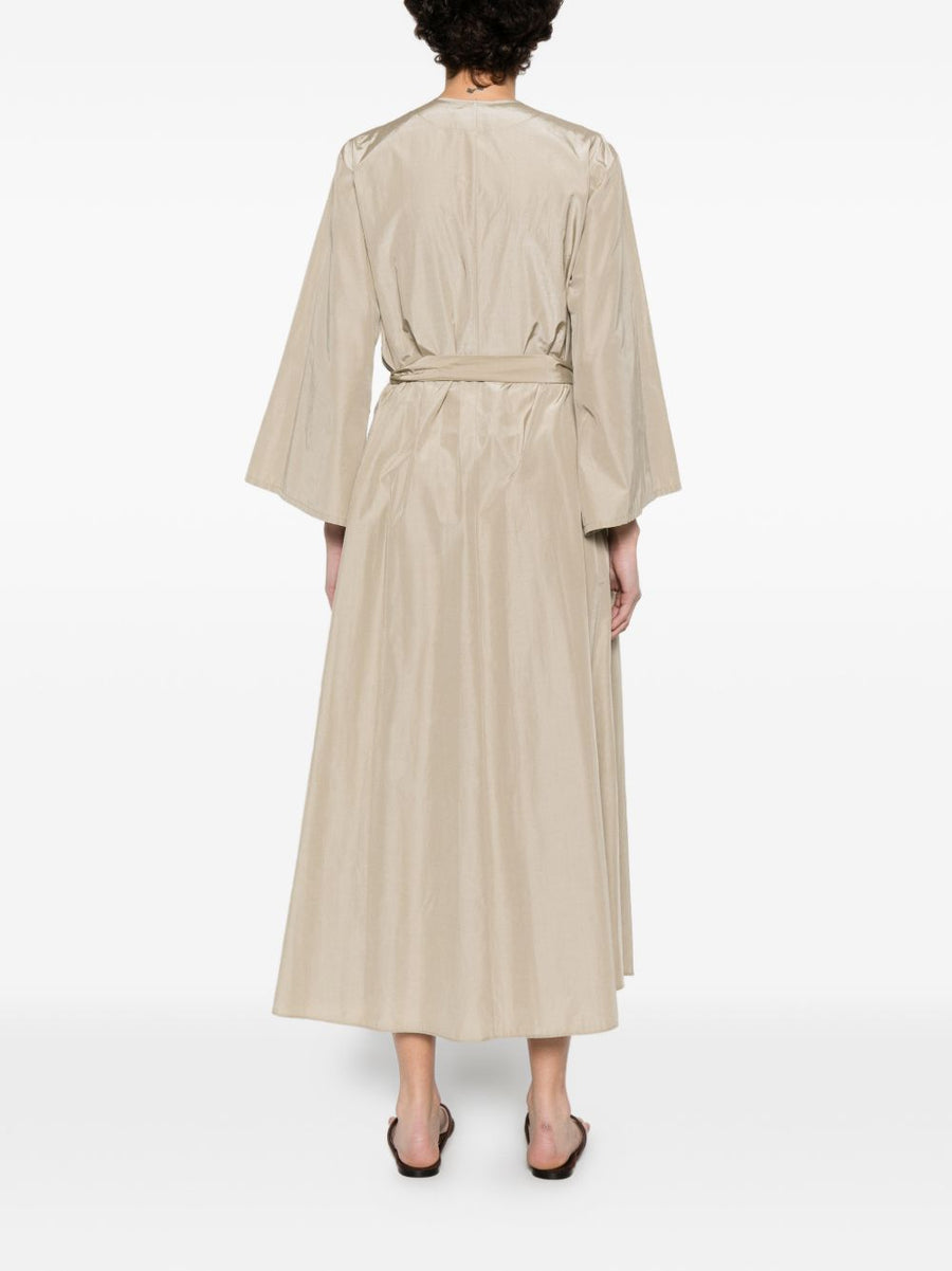 Forte Forte Cotton Blend Midi Dress With V Neck Front Button Placket And Belted Waist For Women Beige Elegant