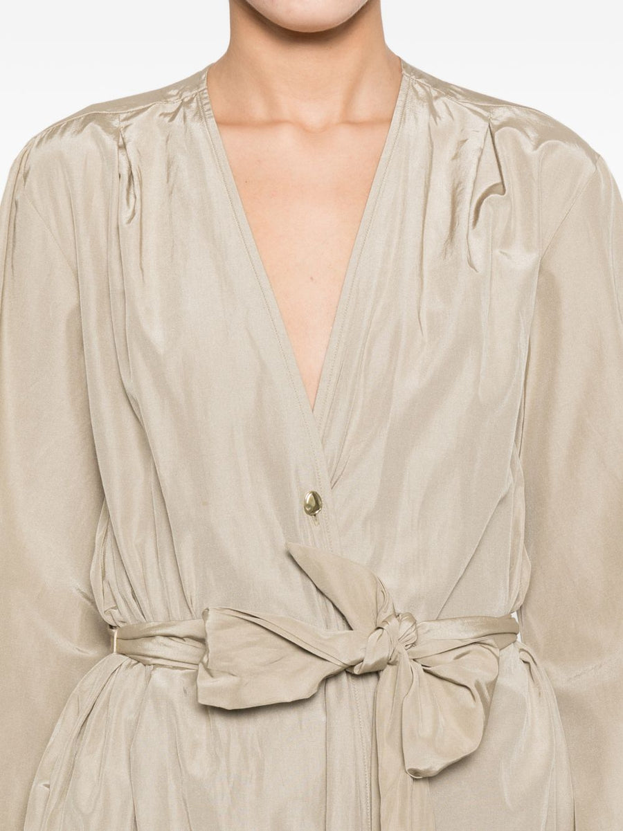 Forte Forte Cotton Blend Midi Dress With V Neck Front Button Placket And Belted Waist For Women Beige Elegant