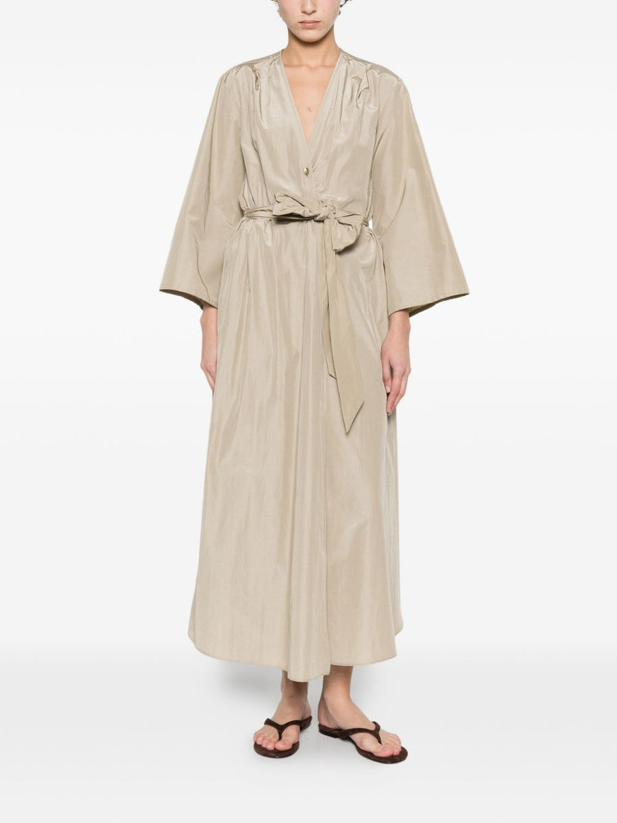 Forte Forte Cotton Blend Midi Dress With V Neck Front Button Placket And Belted Waist For Women Beige Elegant