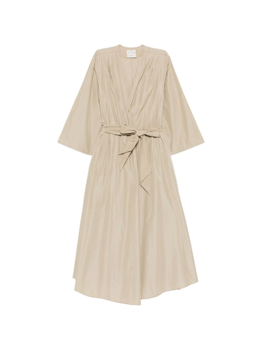Forte Forte Cotton Blend Midi Dress With V Neck Front Button Placket And Belted Waist For Women Beige Elegant