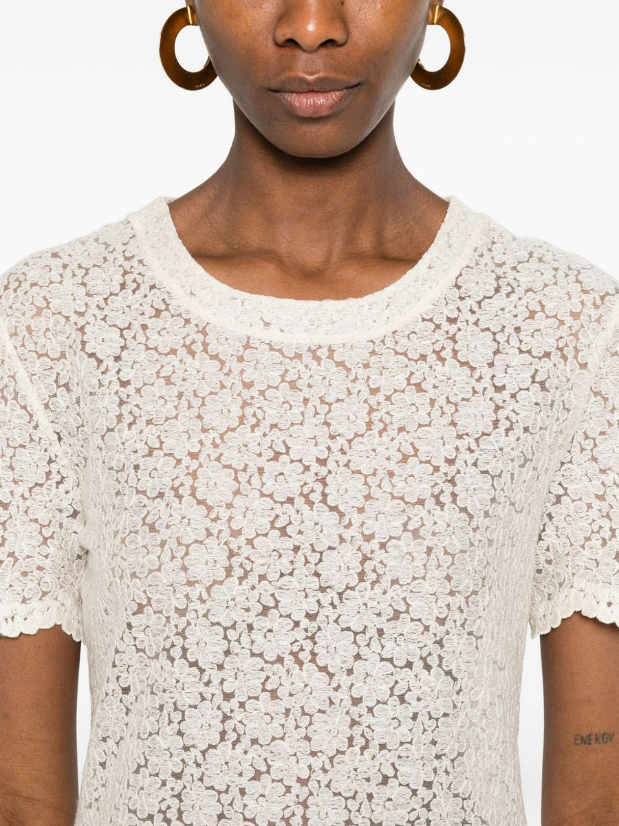 Embroidered T Shirt By Ermanno Scervino For Women Who Value Quiet Luxury With Delicate Beige Lace Trim