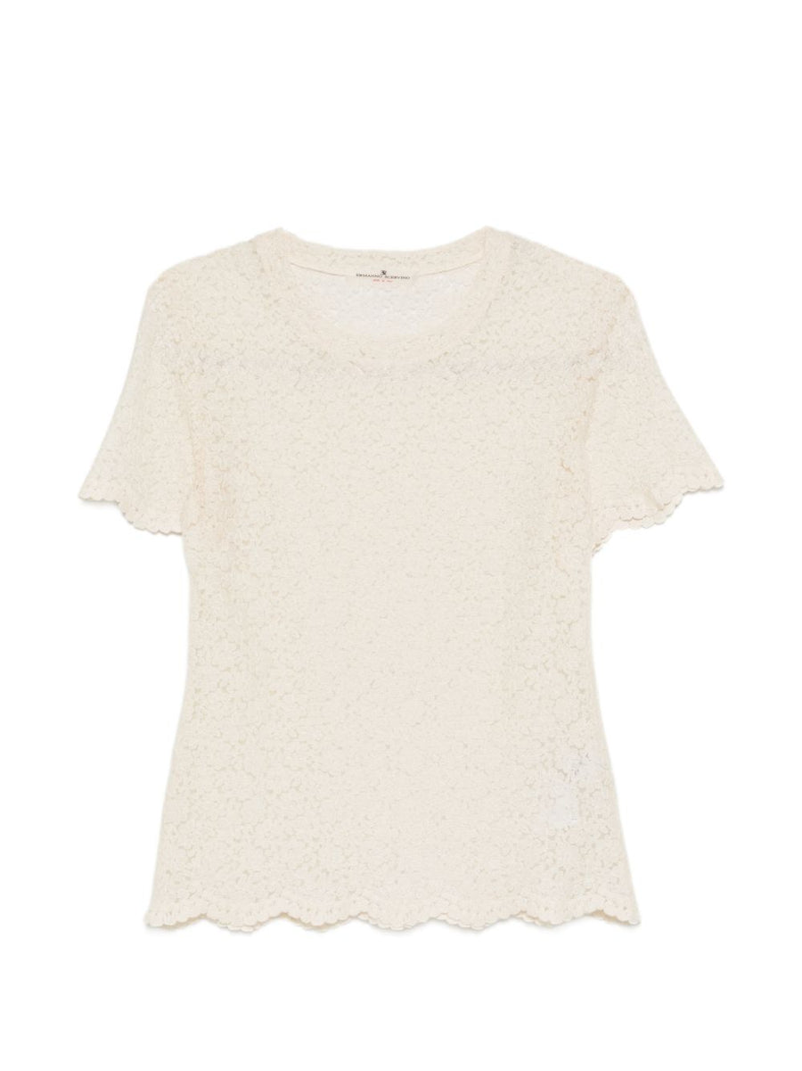 Embroidered T Shirt By Ermanno Scervino For Women Who Value Quiet Luxury With Delicate Beige Lace Trim