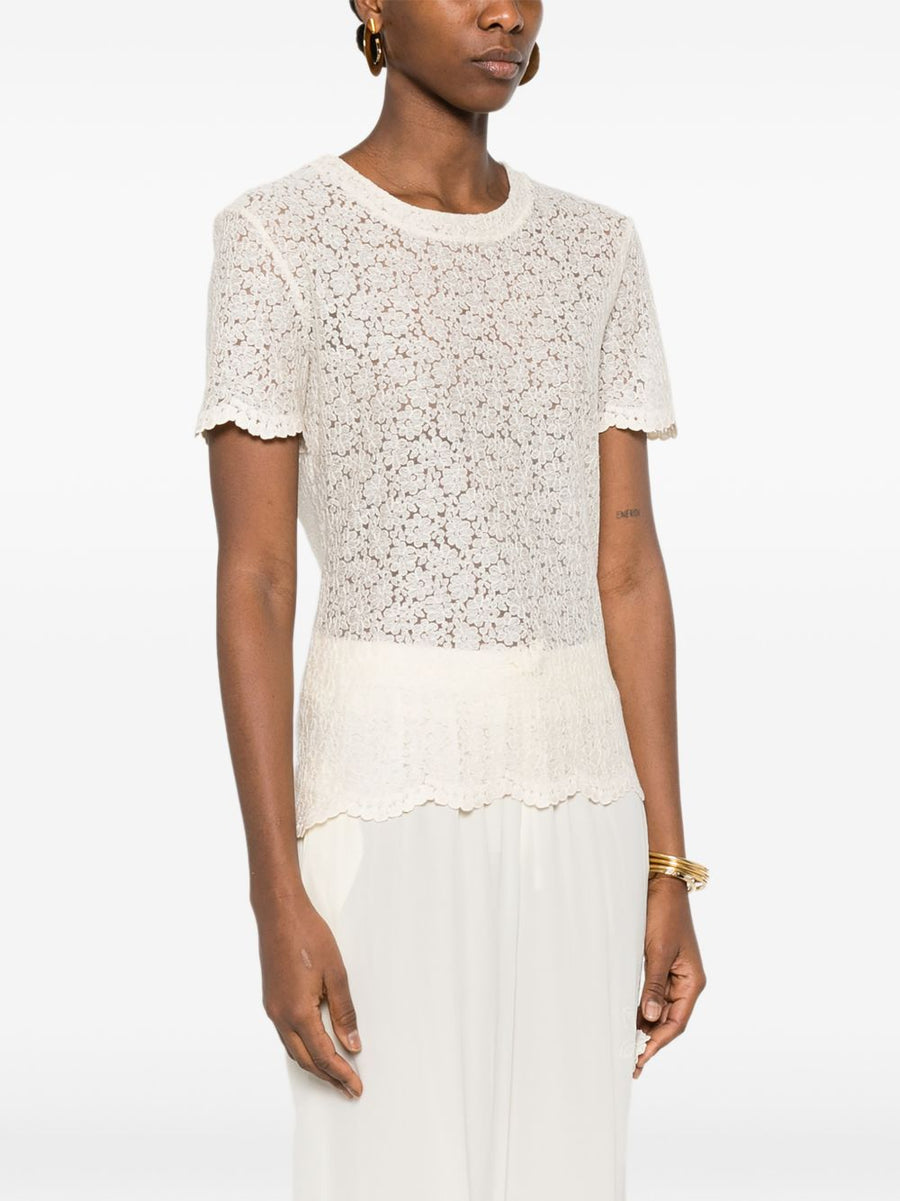 Embroidered T Shirt By Ermanno Scervino For Women Who Value Quiet Luxury With Delicate Beige Lace Trim