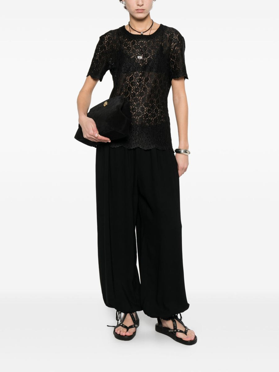 Ermanno Scervino Embroidered T Shirt Elegant Black Lace Detail Scalloped Hem Round Neck For Women