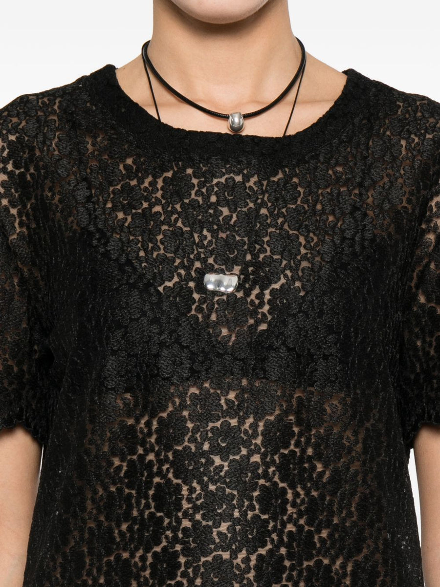 Ermanno Scervino Embroidered T Shirt Elegant Black Lace Detail Scalloped Hem Round Neck For Women