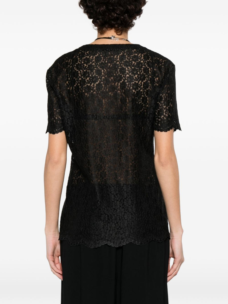 Ermanno Scervino Embroidered T Shirt Elegant Black Lace Detail Scalloped Hem Round Neck For Women