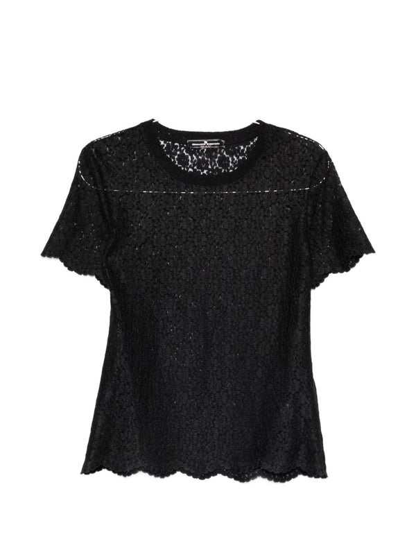 Ermanno Scervino Embroidered T Shirt Elegant Black Lace Detail Scalloped Hem Round Neck For Women