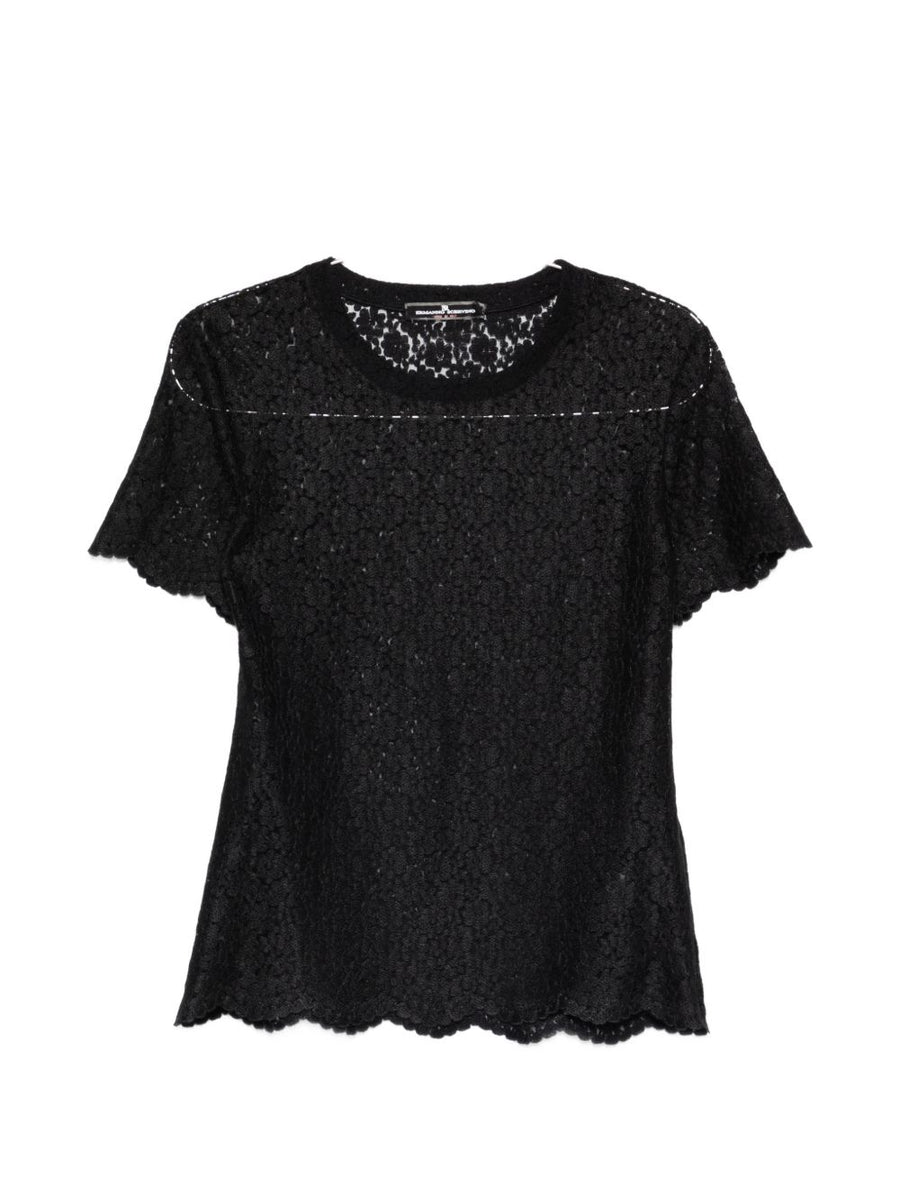 Ermanno Scervino Embroidered T Shirt Elegant Black Lace Detail Scalloped Hem Round Neck For Women