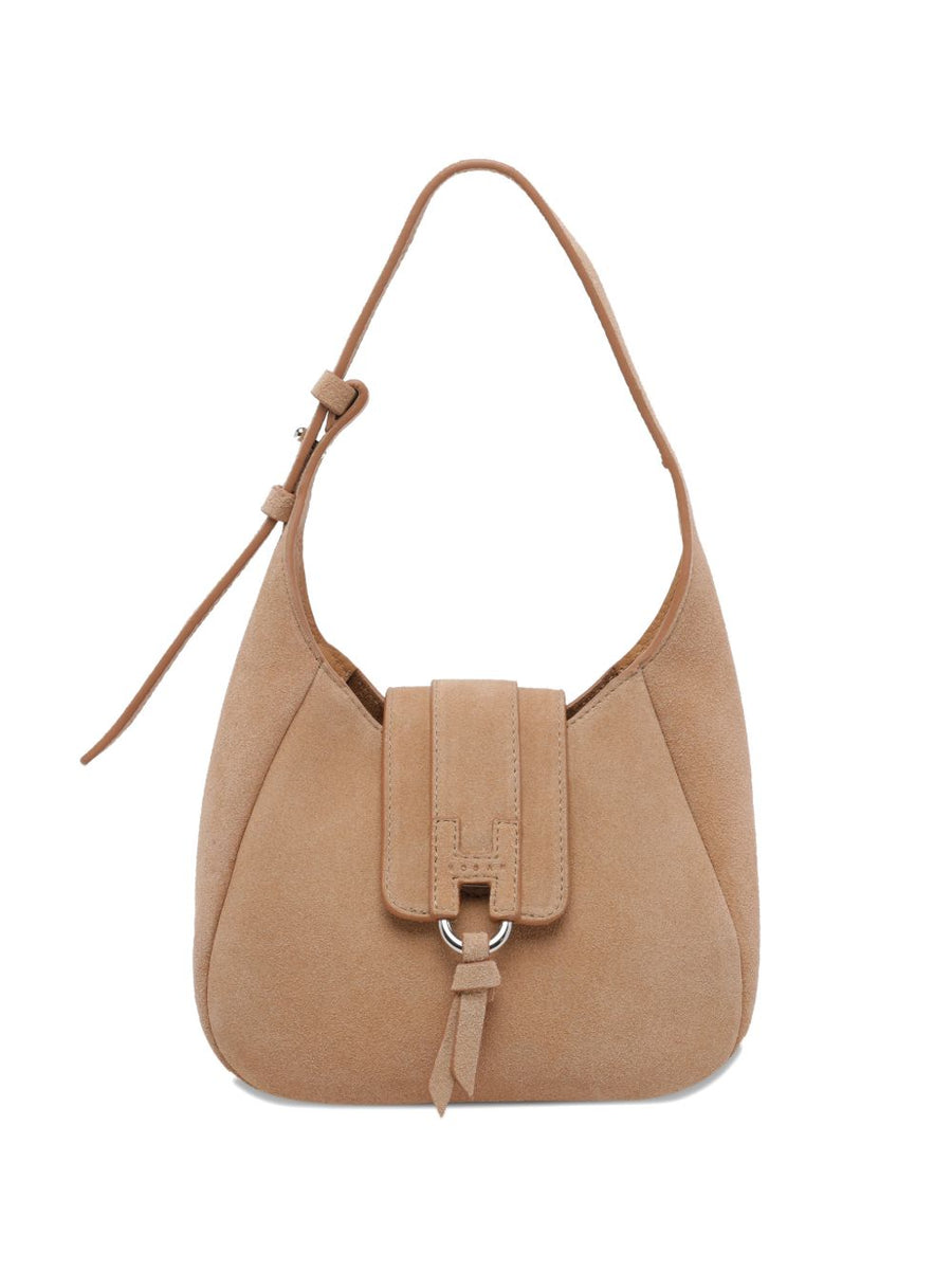 Hogan Trend Mini Beige Calf Suede Hobo Bag for Women, Compact Everyday Shoulder Bag Magnetic Closure