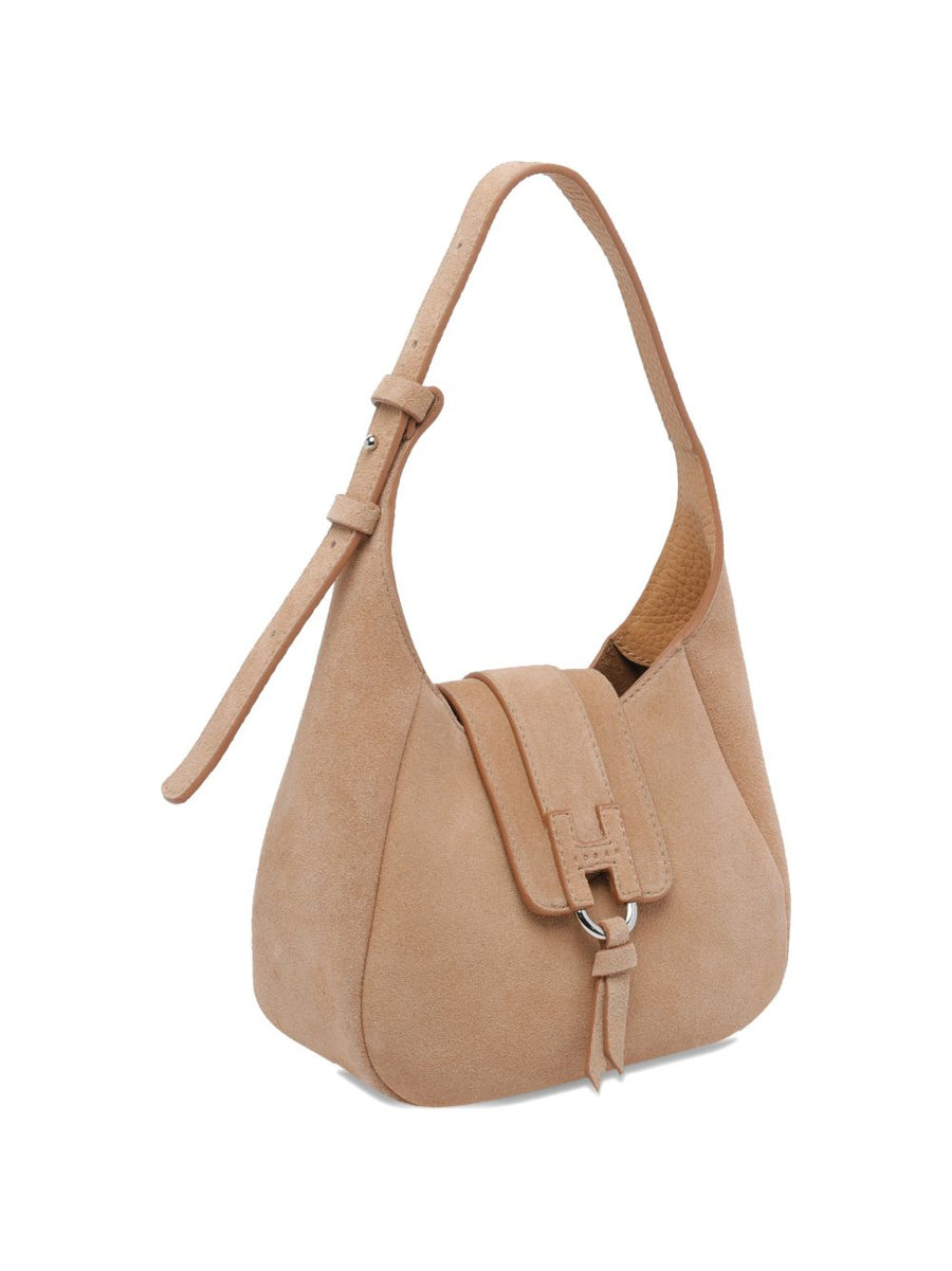 Hogan Trend Mini Beige Calf Suede Hobo Bag for Women, Compact Everyday Shoulder Bag Magnetic Closure