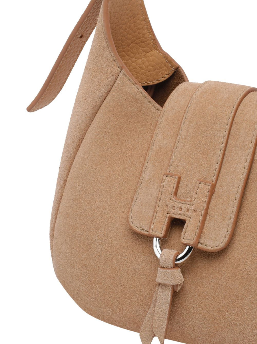 Hogan Trend Mini Beige Calf Suede Hobo Bag for Women, Compact Everyday Shoulder Bag Magnetic Closure