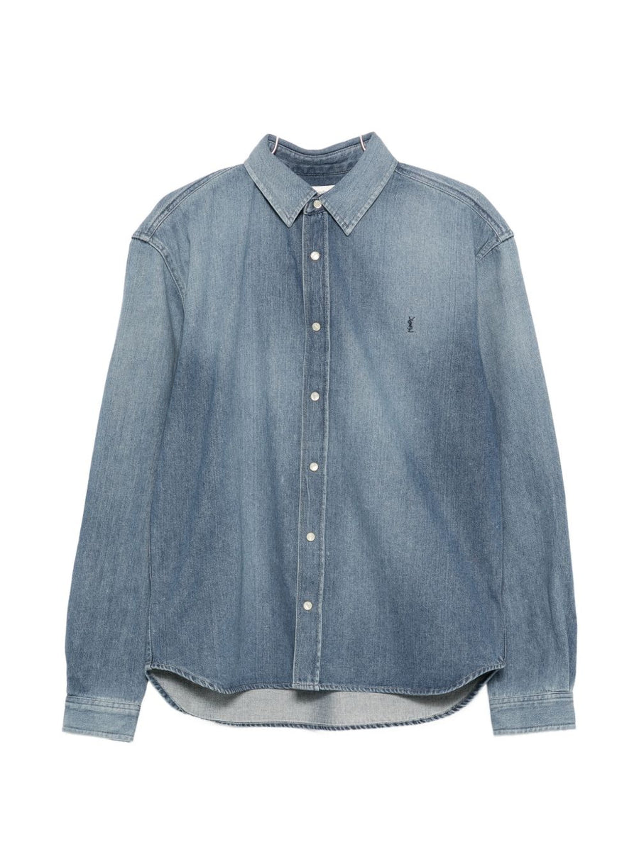 Saint Laurent Navy 100 Percent Cotton Shirt For Men With Subtle Blue Logo Detail And Premium Button Closure