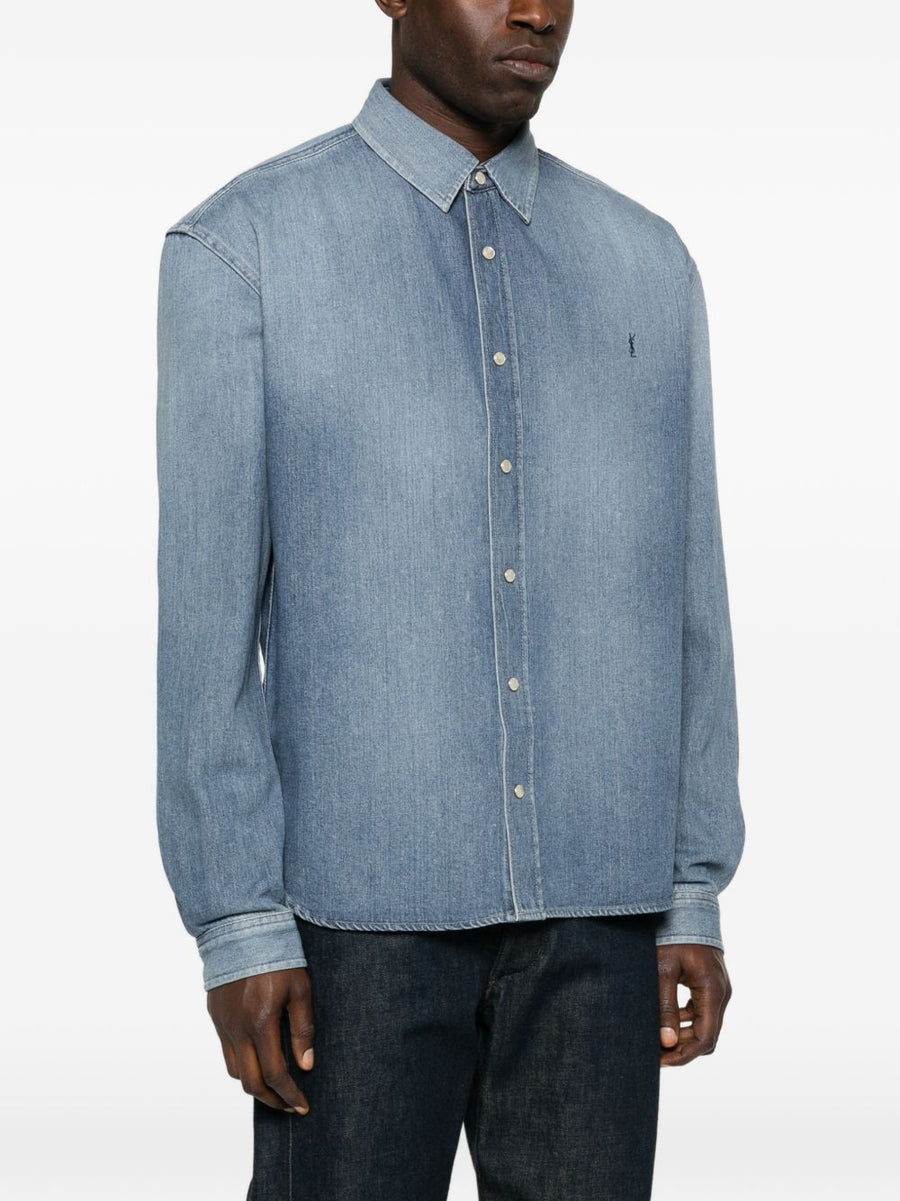 Saint Laurent Navy 100 Percent Cotton Shirt For Men With Subtle Blue Logo Detail And Premium Button Closure