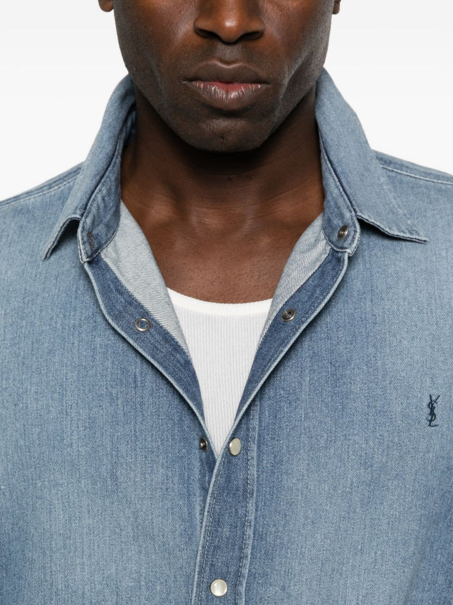 Saint Laurent Navy 100 Percent Cotton Shirt For Men With Subtle Blue Logo Detail And Premium Button Closure