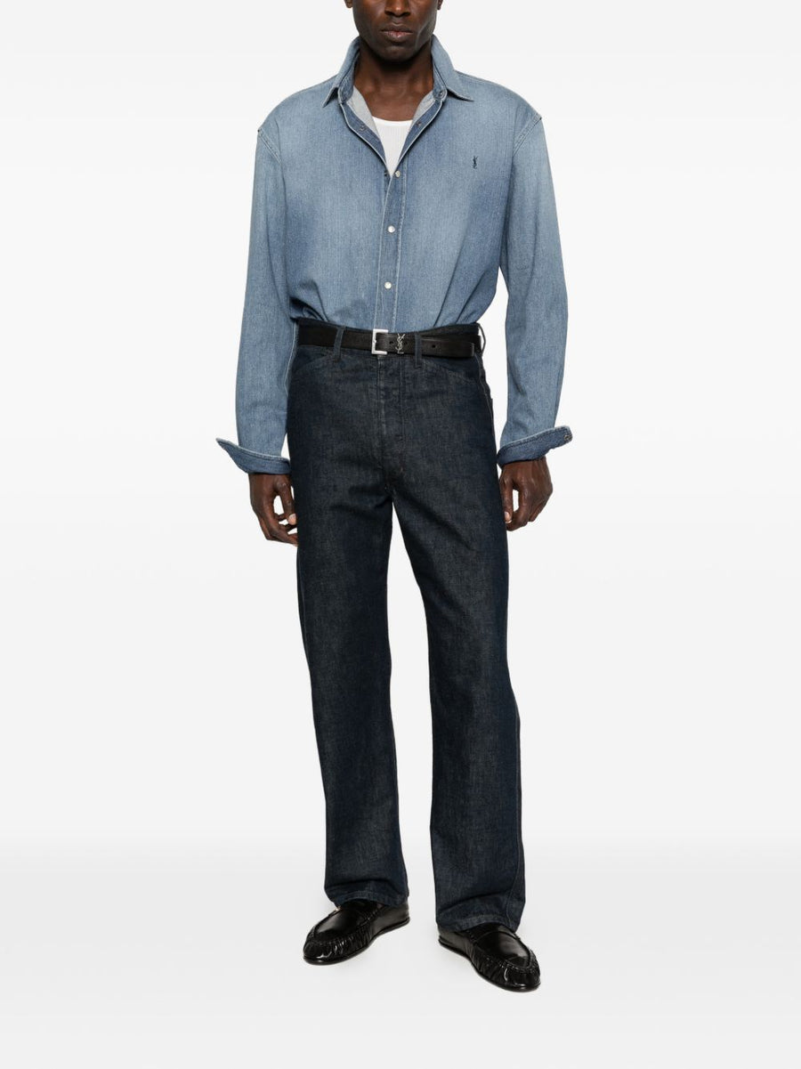 Saint Laurent Navy 100 Percent Cotton Shirt For Men With Subtle Blue Logo Detail And Premium Button Closure