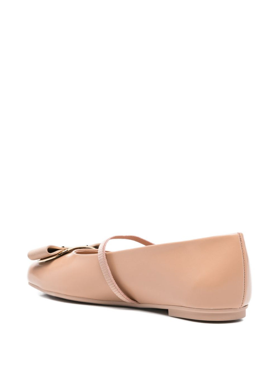Ferragamo Vara Ballet Flat For Women Gathered Detail Square Toe Almond Pink Leather All Day Comfort