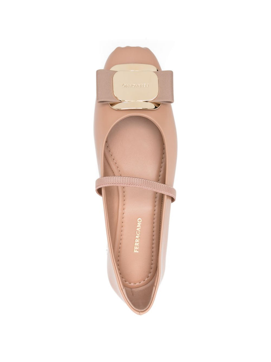Ferragamo Vara Ballet Flat For Women Gathered Detail Square Toe Almond Pink Leather All Day Comfort