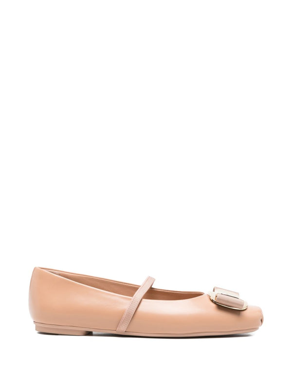 Ferragamo Vara Ballet Flat For Women Gathered Detail Square Toe Almond Pink Leather All Day Comfort