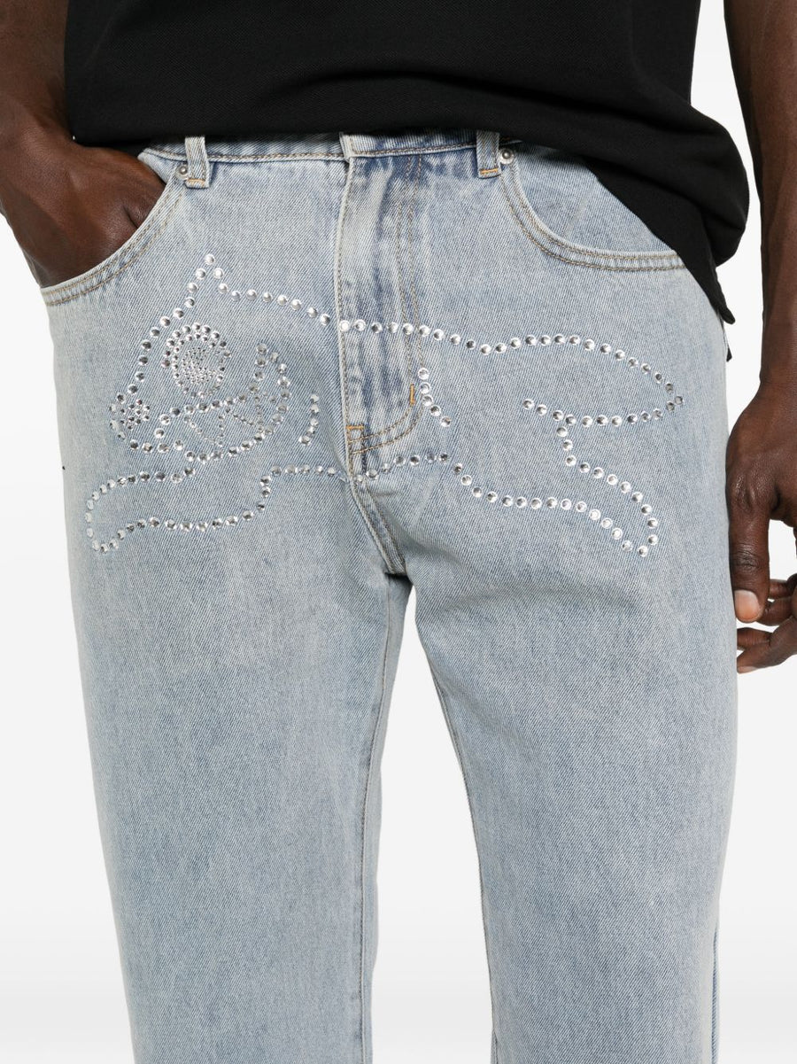 Icecream Mens Denim Jeans With Crystal Running Dog Motif Light Blue Cotton 100 Percent Premium Casual