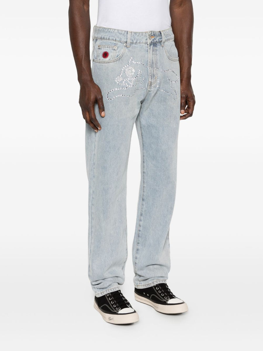 Icecream Mens Denim Jeans With Crystal Running Dog Motif Light Blue Cotton 100 Percent Premium Casual