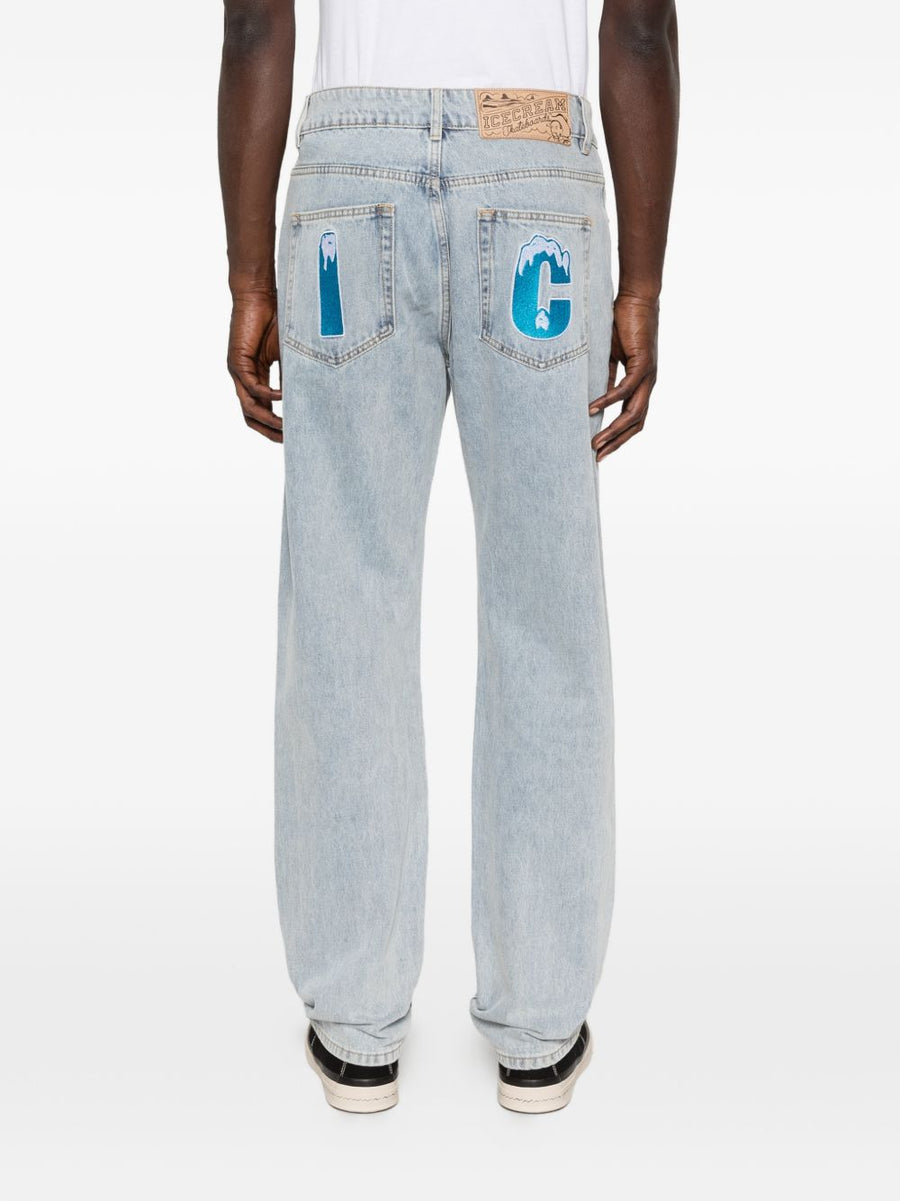 Icecream Mens Denim Jeans With Crystal Running Dog Motif Light Blue Cotton 100 Percent Premium Casual