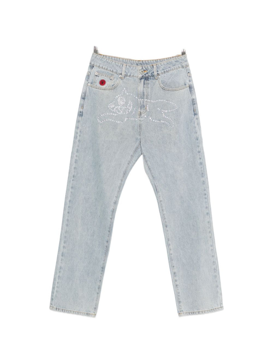 Icecream Mens Denim Jeans With Crystal Running Dog Motif Light Blue Cotton 100 Percent Premium Casual