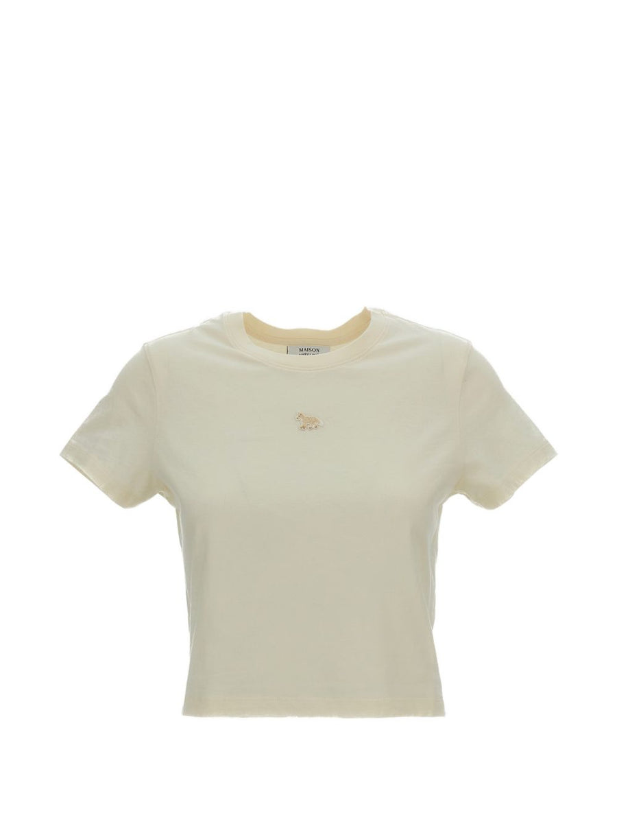 Maison Kitsuné Baby Fox Patch Cropped Cotton T Shirt For Women Light Beige Versatile Casual Style