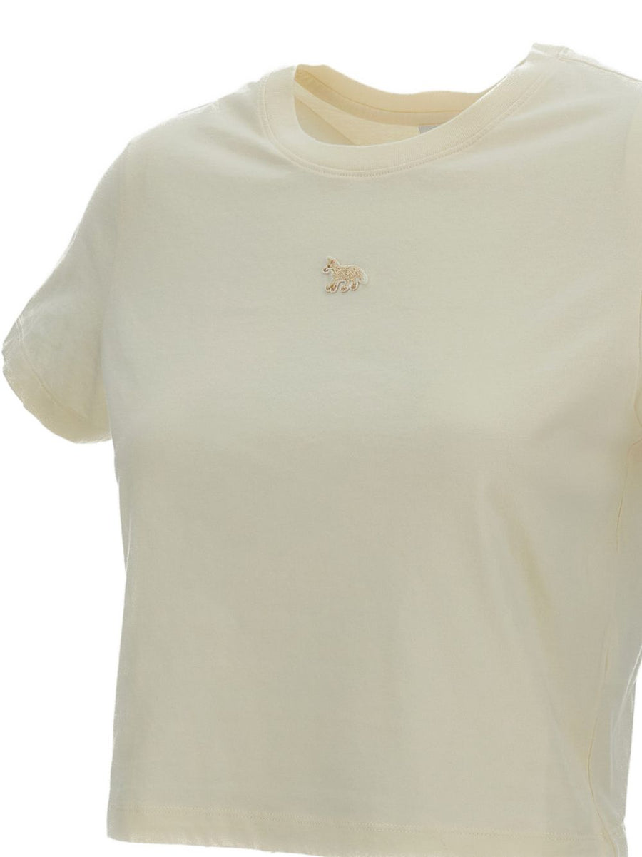 Maison Kitsuné Baby Fox Patch Cropped Cotton T Shirt For Women Light Beige Versatile Casual Style