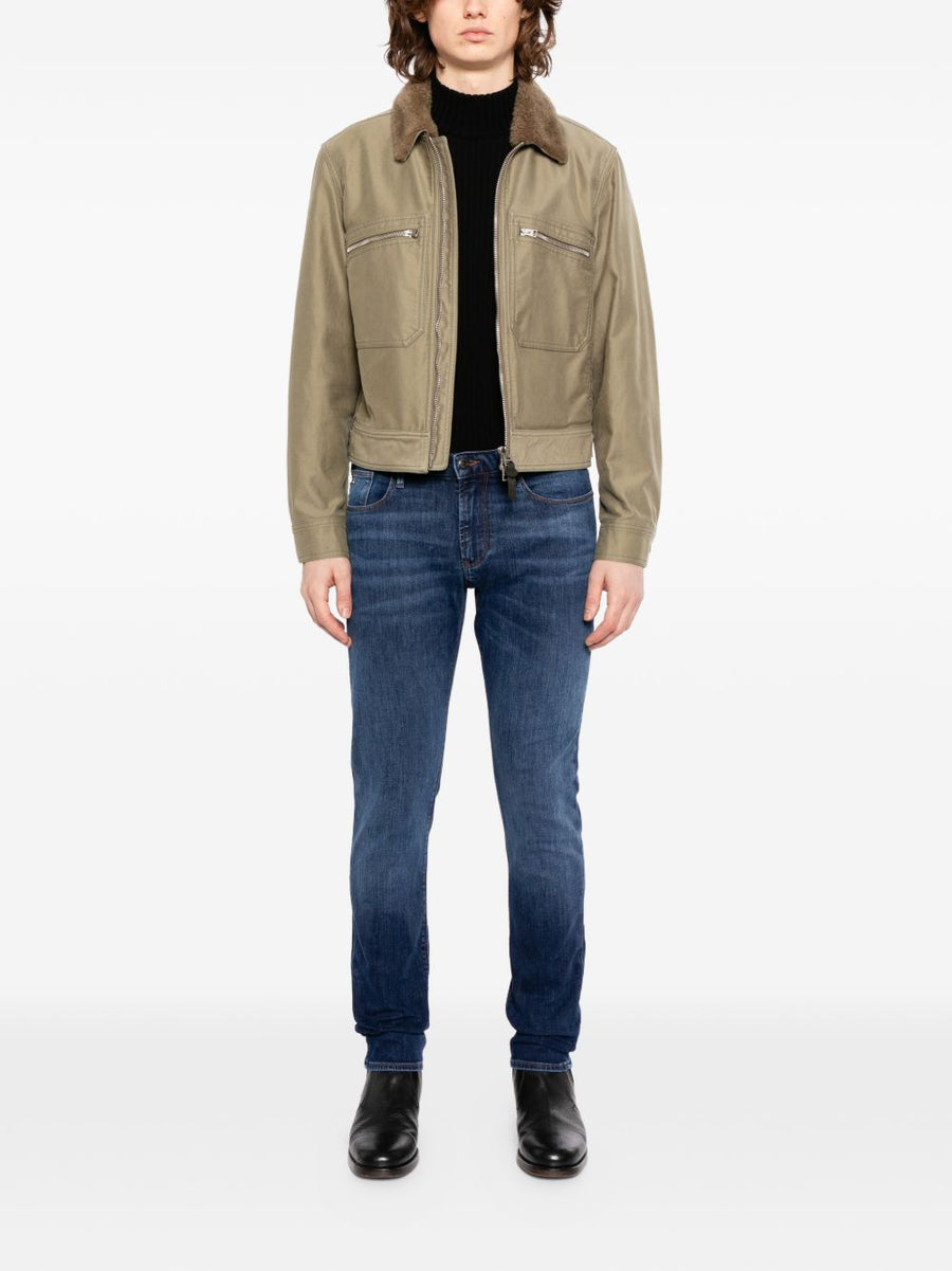 Emporio Armani Jeans Navy Denim For Men Premium Cotton Elastane Stretch Front Button Fly
